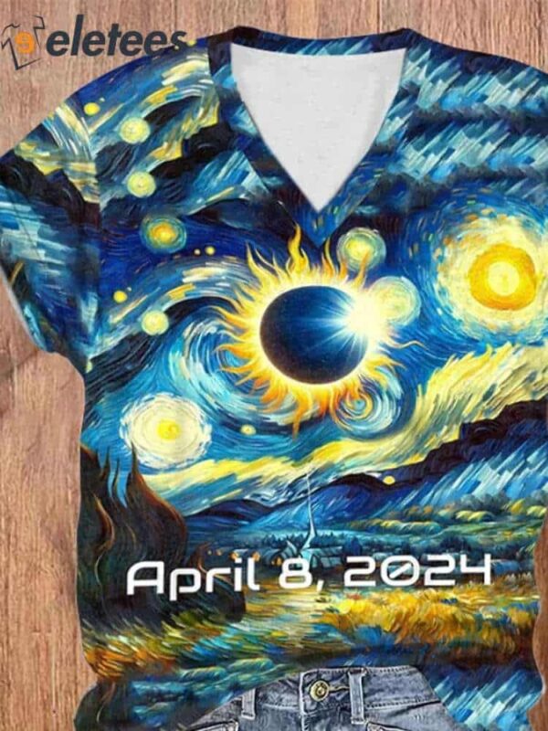 V-Neck Retro Starry Night & Solar Eclipse Of April 8 2024 Print T-Shirt