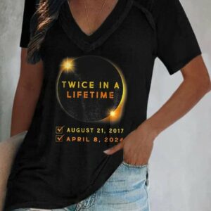 V Neck Twice In A Lifetime Solar Eclipse Of April 8, 2024 Print T-Shirt