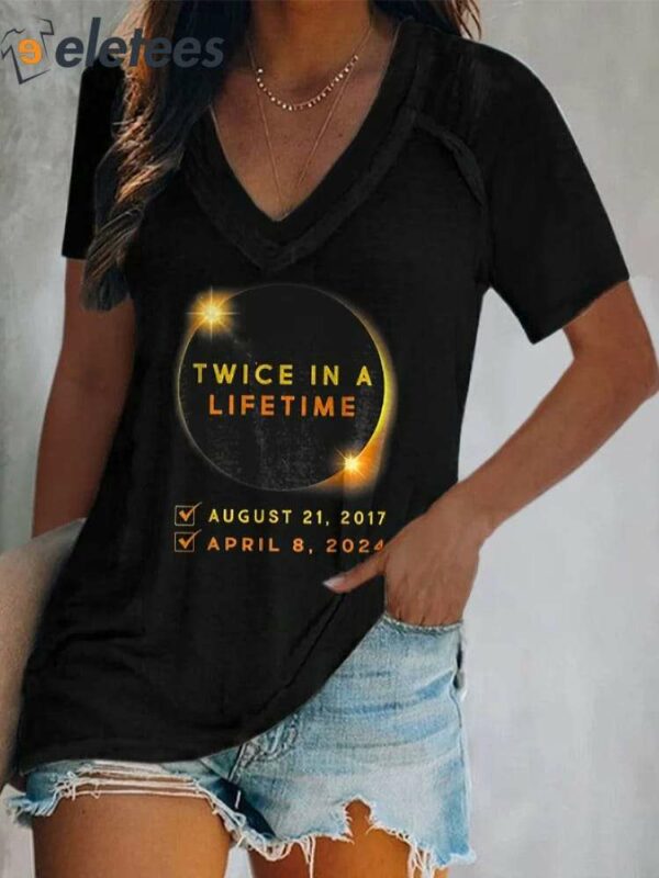 V Neck Twice In A Lifetime Solar Eclipse Of April 8, 2024 Print T-Shirt