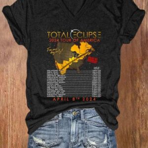 V-neck Retro 2024 Tour Of Texas Total Solar Eclipse Print T-Shirt