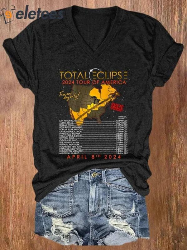 V-neck Retro 2024 Tour Of Texas Total Solar Eclipse Print T-Shirt