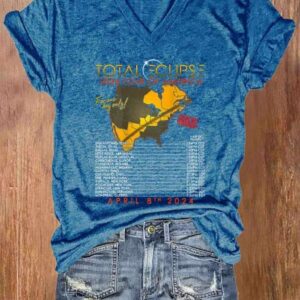 V neck Retro 2024 Tour Of Texas Total Solar Eclipse Print T Shirt 2
