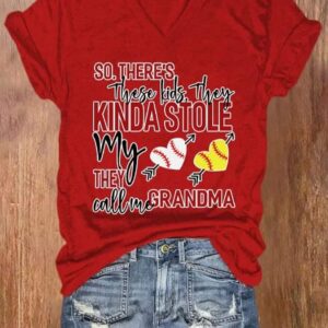 V neck Retro Baseball These Kids They Kinda Stole My Heart They Call Me Grandma Print T Shirt