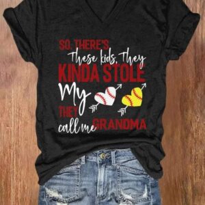 V neck Retro Baseball These Kids They Kinda Stole My Heart They Call Me Grandma Print T Shirt1