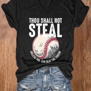 V neck Retro Baseball Thou Shall Not Steal Unless You Can Beat The Throw Print T Shirt1