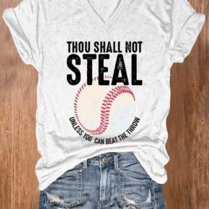 V neck Retro Baseball Thou Shall Not Steal Unless You Can Beat The Throw Print T Shirt2
