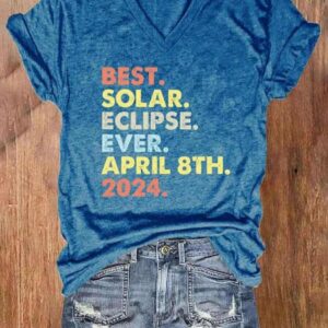 V-neck Retro Best Solar Eclipse Ever April 8th 2024 Print T-Shirt