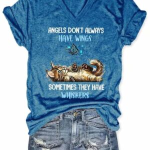 V-neck Retro Cat Angels Don’t Always Have Wings Sometimes They Have Whiskers Print T-Shirt