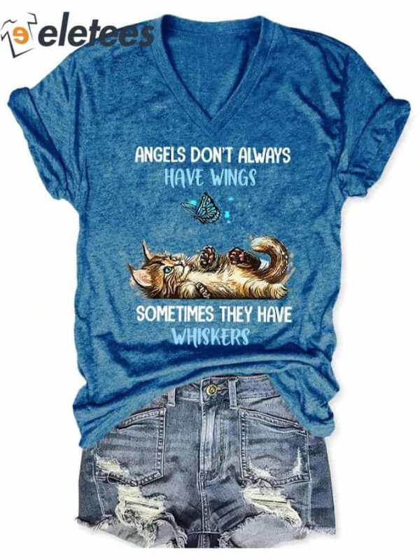 V-neck Retro Cat Angels Don’t Always Have Wings Sometimes They Have Whiskers Print T-Shirt