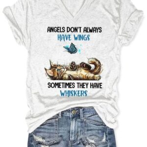 V neck Retro Cat Angels Dont Always Have Wings Sometimes They Have Whiskers Print T Shirt 3