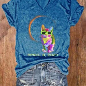 V neck Retro Cat Solar Eclipse Of April 8 2024 Print T Shirt 2