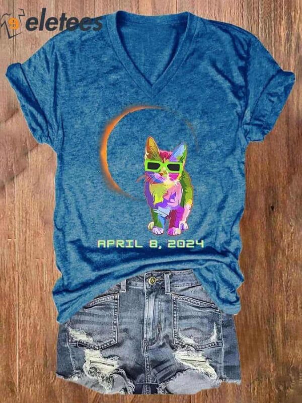 V-neck Retro Cat Solar Eclipse Of April 8 2024 Print T-Shirt