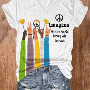 V neck Retro Hippie Imagine All The People Living Life In Peace Print Shirt