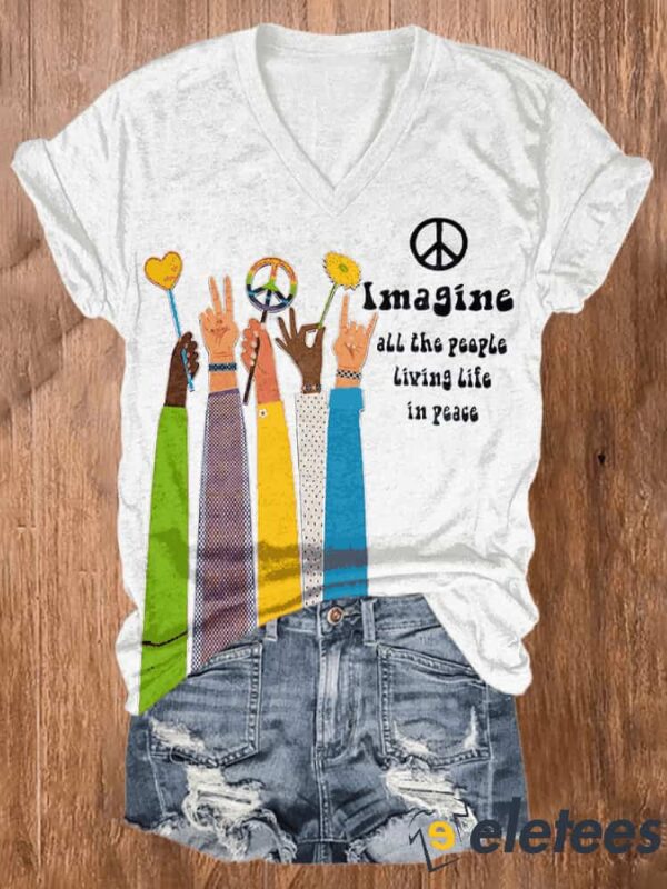 V-neck Retro Hippie Imagine All The People Living Life In Peace Print Shirt