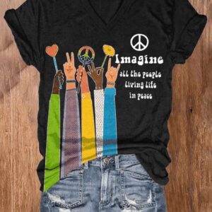 V neck Retro Hippie Imagine All The People Living Life In Peace Print Shirt1