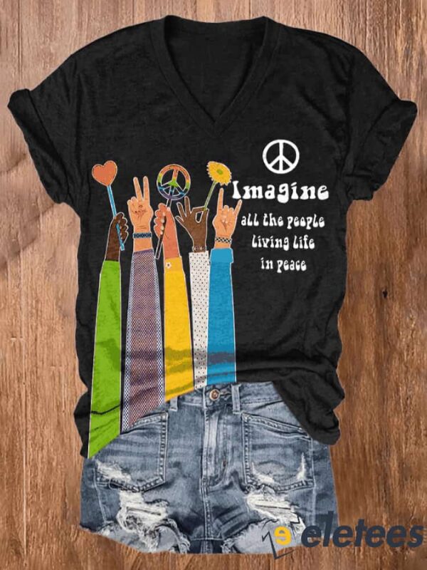 V-neck Retro Hippie Imagine All The People Living Life In Peace Print Shirt