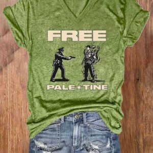 V neck Retro Rip Aaron Free Paletine Print T Shirt