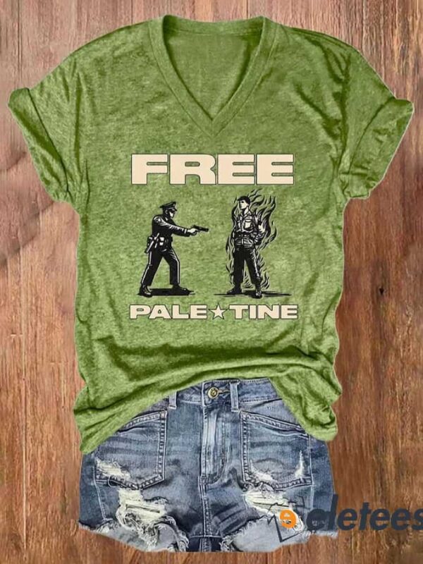 V-neck Retro Rip Aaron Free Paletine Print T-Shirt