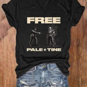 V neck Retro Rip Aaron Free Paletine Print T Shirt1