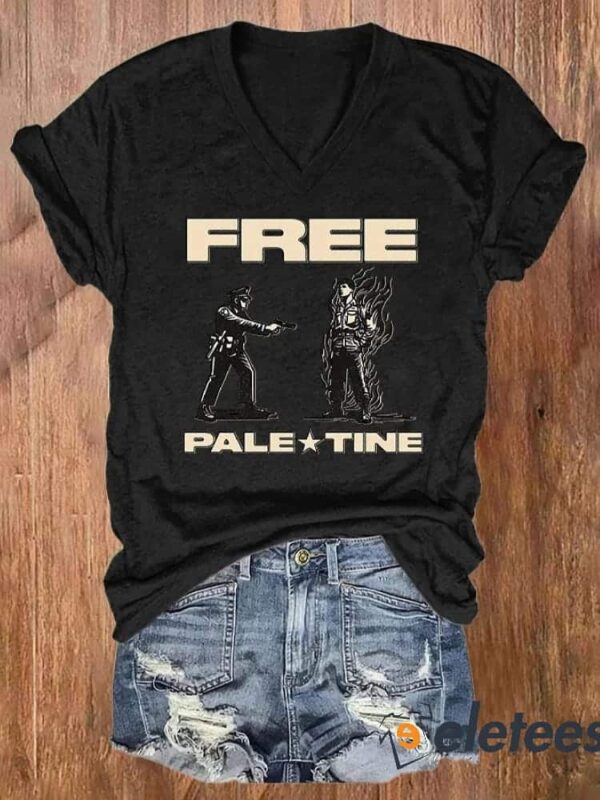 V-neck Retro Rip Aaron Free Paletine Print T-Shirt