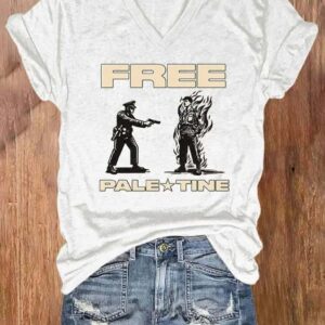 V neck Retro Rip Aaron Free Paletine Print T Shirt2