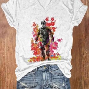 V-neck Retro Rip Aaron Watercolor Painting Print T-Shirt