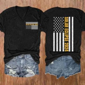 V neck Retro Solar Eclipse 2024 Flag Print T Shirt 2