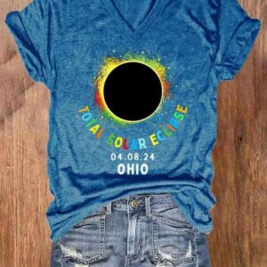 V-neck Retro Solar Eclipse Of April 8 2024 Print T-Shirt