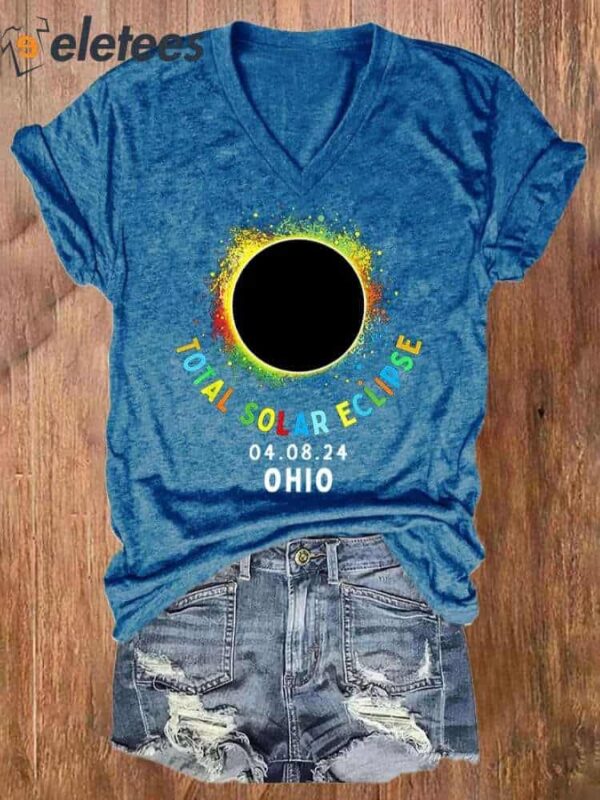 V-neck Retro Solar Eclipse Of April 8 2024 Print T-Shirt
