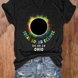 V neck Retro Solar Eclipse Of April 8 2024 Print T Shirt 2