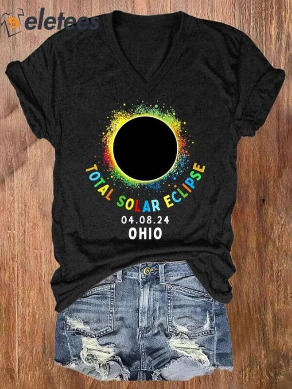 V-neck Retro Solar Eclipse Of April 8 2024 Print T-Shirt