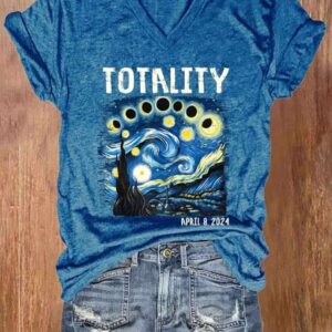 V-neck Retro Starry Night & Totality Solar Eclipse Of April 8, 2024 Print T-Shirt