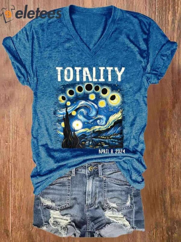 V-neck Retro Starry Night & Totality Solar Eclipse Of April 8, 2024 Print T-Shirt