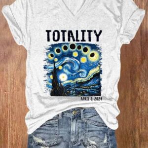 V neck Retro Starry Night Totality Solar Eclipse Of April 8 2024 Print T Shirt 2