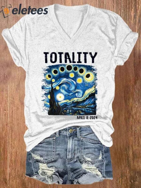 V-neck Retro Starry Night & Totality Solar Eclipse Of April 8, 2024 Print T-Shirt