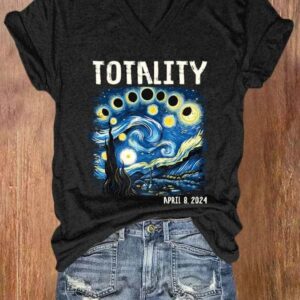 V neck Retro Starry Night Totality Solar Eclipse Of April 8 2024 Print T Shirt 3