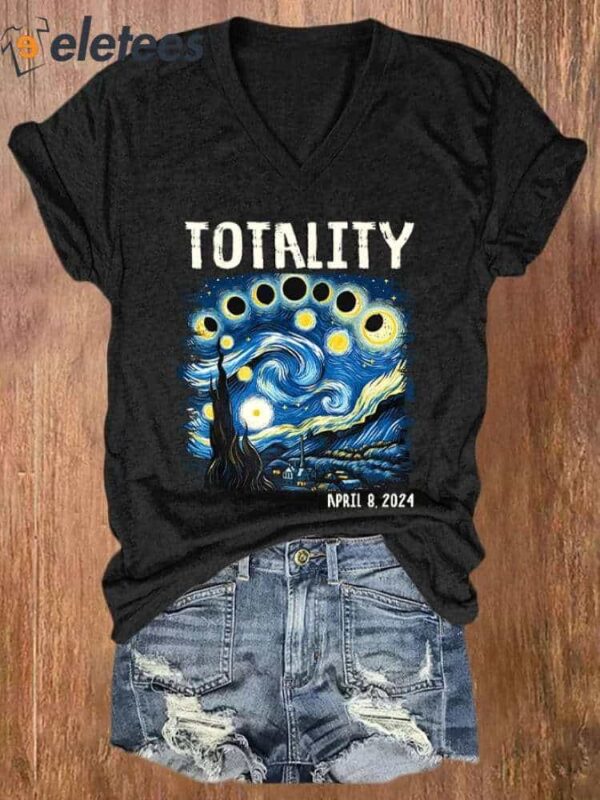 V-neck Retro Starry Night & Totality Solar Eclipse Of April 8, 2024 Print T-Shirt