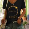 V-neck Retro Total Solar Eclipse 2024 Texas Print T-Shirt