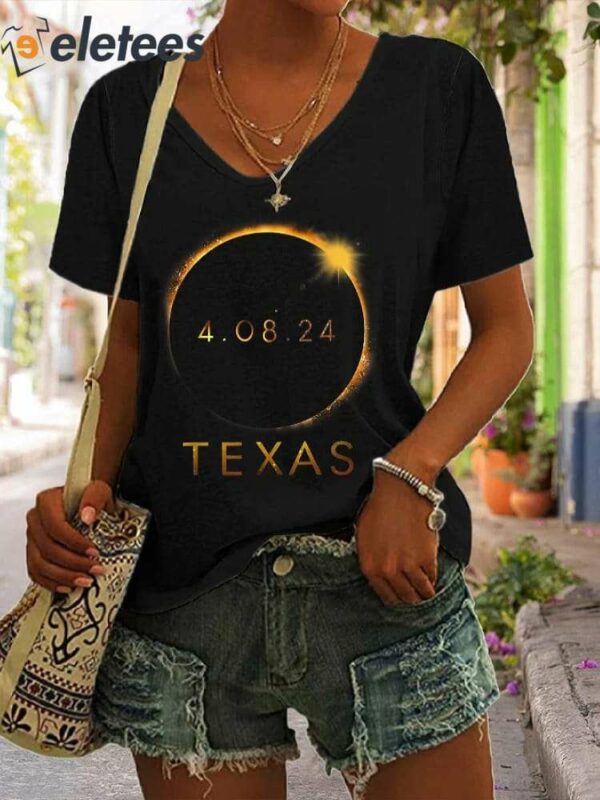 V-neck Retro Total Solar Eclipse 2024 Texas Print T-Shirt