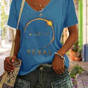 V neck Retro Total Solar Eclipse 2024 Texas Print T Shirt 2