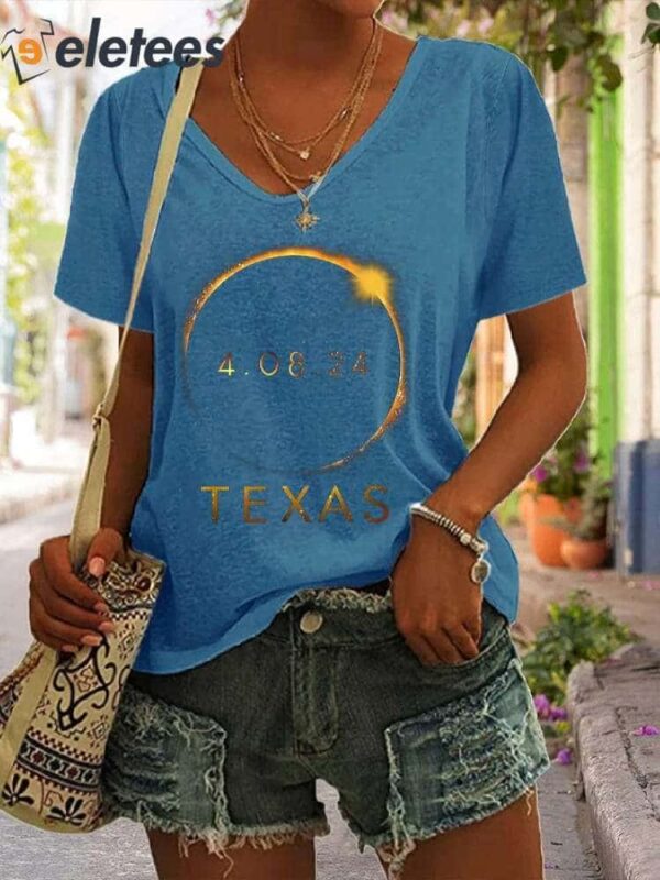 V-neck Retro Total Solar Eclipse 2024 Texas Print T-Shirt