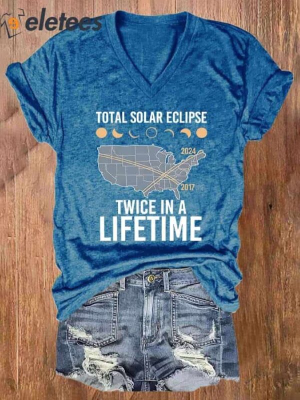 V-neck Retro Twice In A Lifetime Solar Eclipse Of April 8 2024 Print T-Shirt