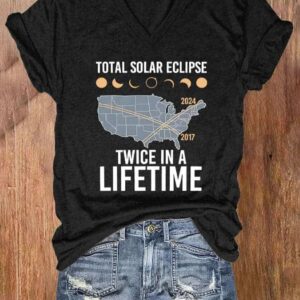 V neck Retro Twice In A Lifetime Solar Eclipse Of April 8 2024 Print T Shirt 2
