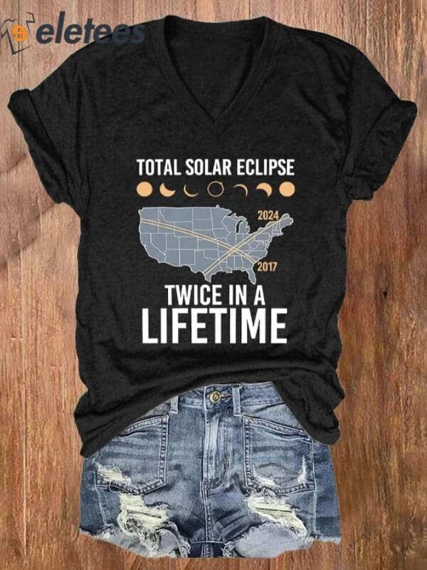 V-neck Retro Twice In A Lifetime Solar Eclipse Of April 8 2024 Print T-Shirt