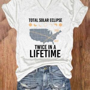 V neck Retro Twice In A Lifetime Solar Eclipse Of April 8 2024 Print T Shirt 3