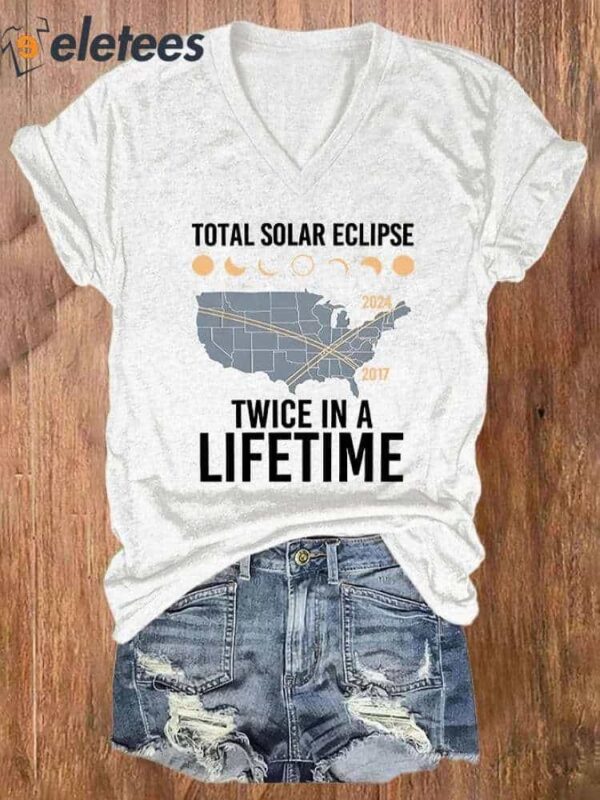 V-neck Retro Twice In A Lifetime Solar Eclipse Of April 8 2024 Print T-Shirt