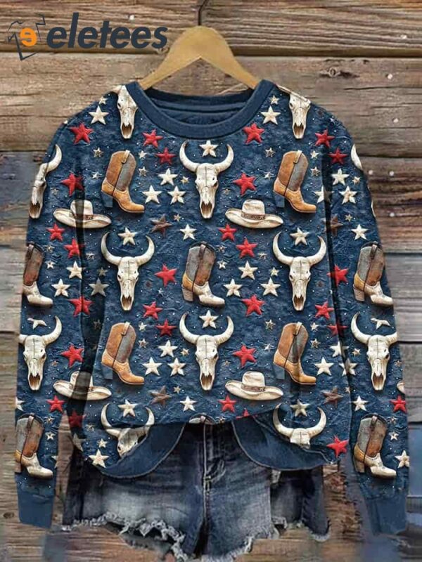 Western Inspired American Flag Stars Design Casual Sweatshirt