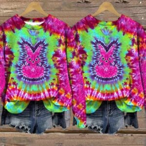 Women’S Tie Dye Bunny Print Long Sleeve Sweatshirt