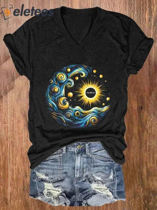 Women’S Van Gogh Total Solar Eclipse 2024 Print Casual T-Shirt