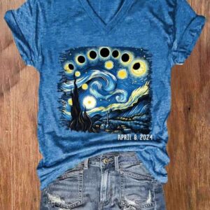 WomenS Van Gogh Total Solar Eclipse 2024 Print T Shirt 2